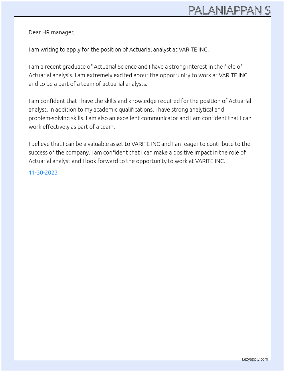 Actuarial analyst At VARITE INC Cover Letter
