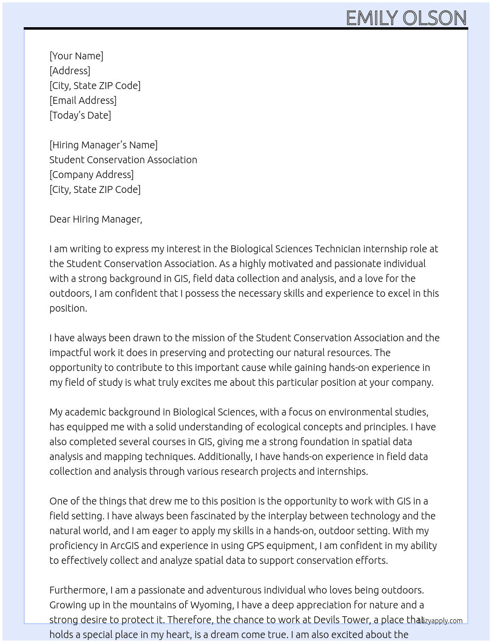 biological sciences technician At Student Conservation Association Cover Letter