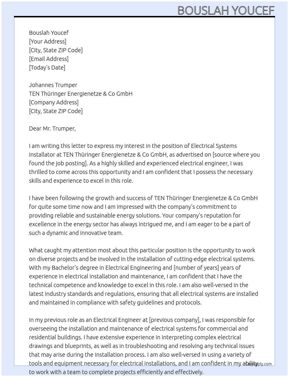 Electricals systemes installator At TEN Thüringer Energienetze & Co GmbH Cover Letter