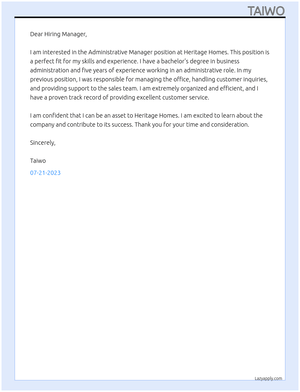 Administrative manager At Heritage homes  Cover Letter