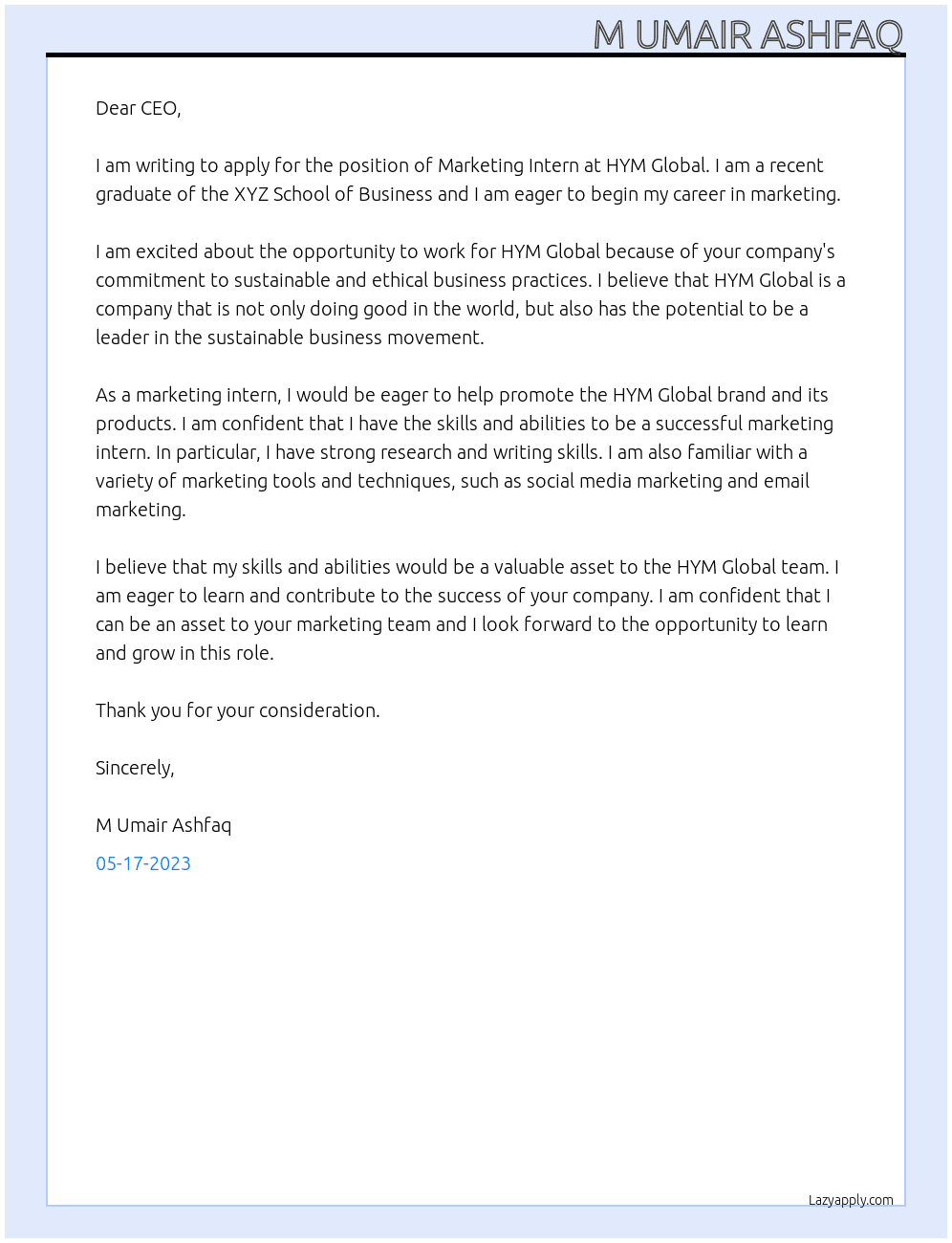 Marketing Intern At hym global Cover Letter