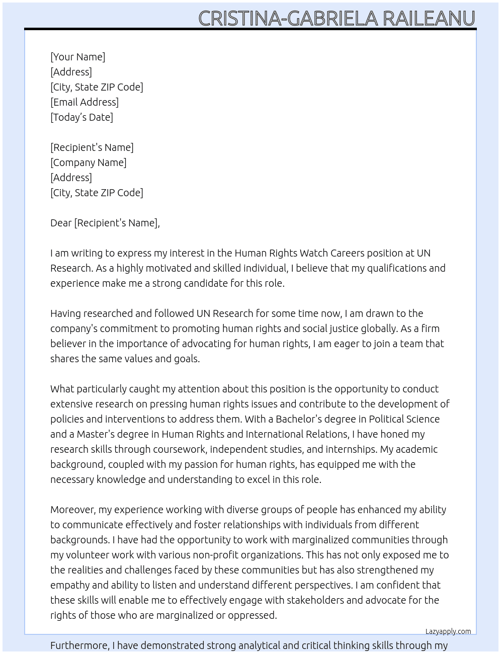 Human Right Watch Careers At UN Research Cover Letter