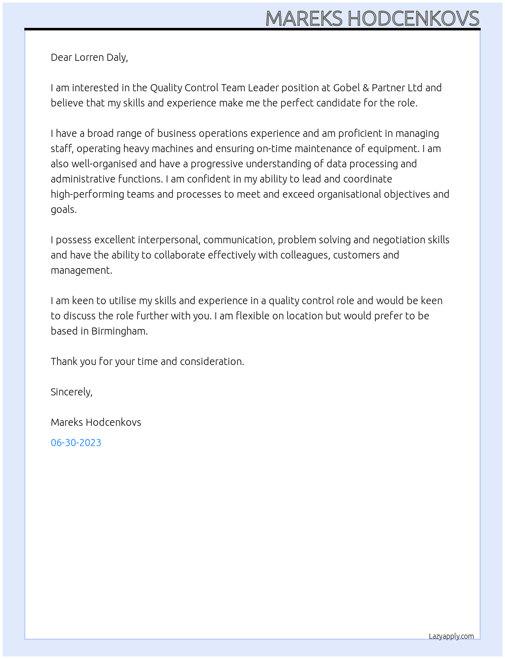 Quality Control Team Leader At Gobel & Partner Ltd Cover Letter
