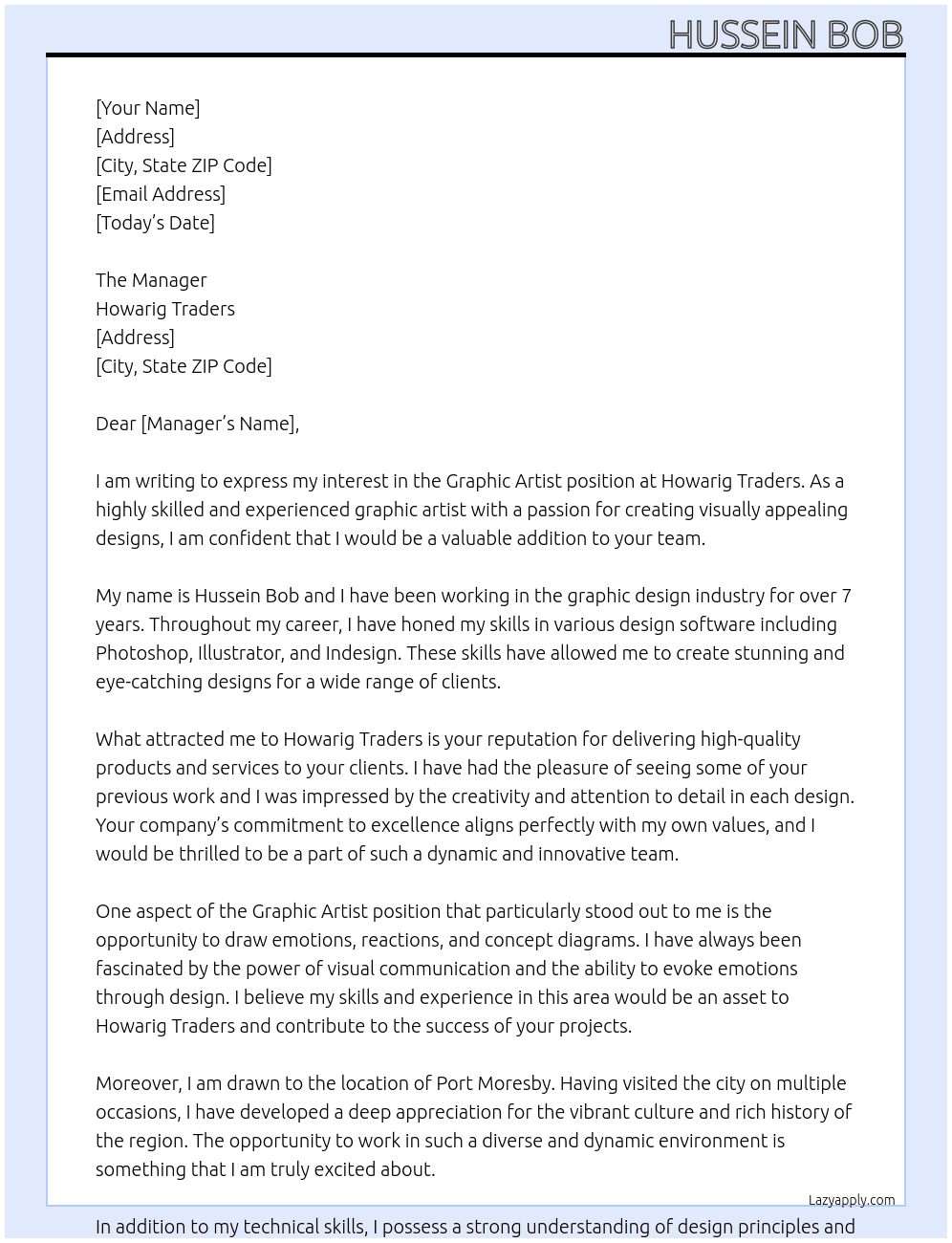 Graphic Artist At Howarig Traders Cover Letter