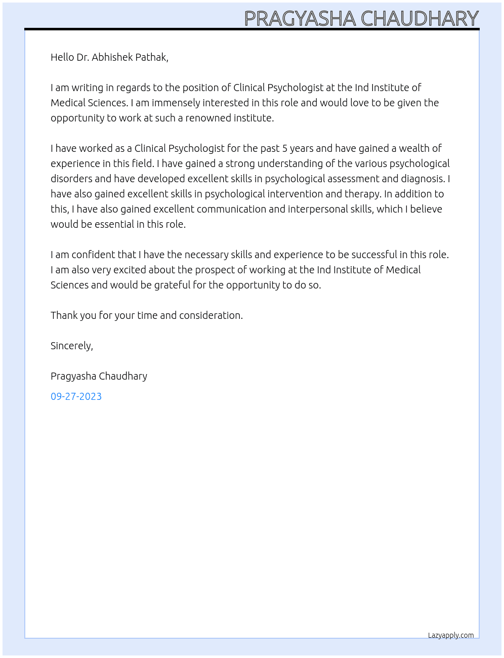 Clinical Psychologist At ind Institute of Medical Sciences Cover Letter