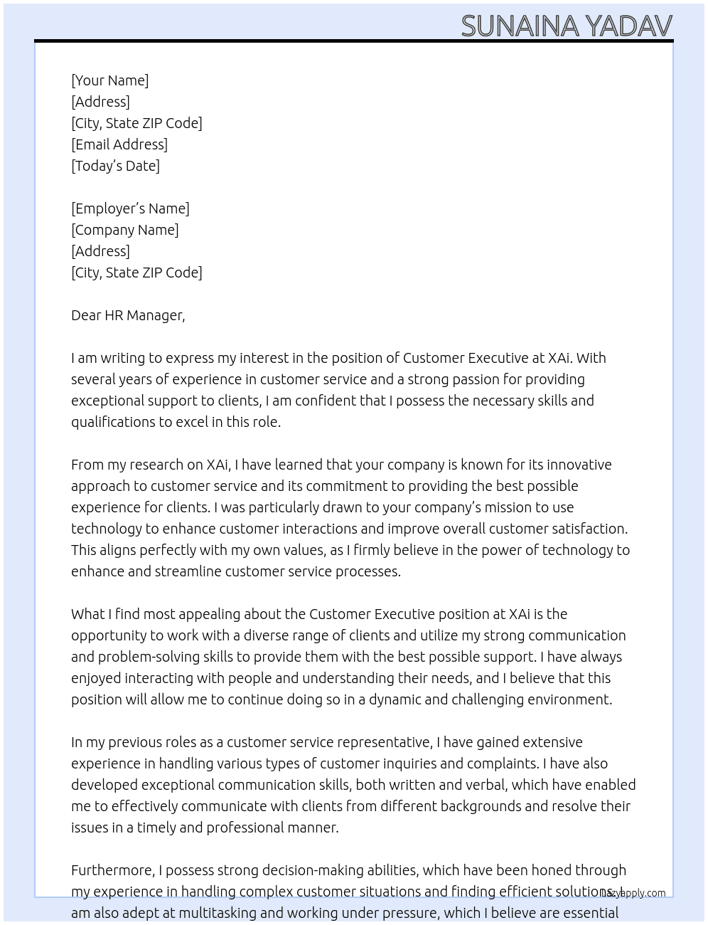 Cover letter for costumer executive - LazyApply