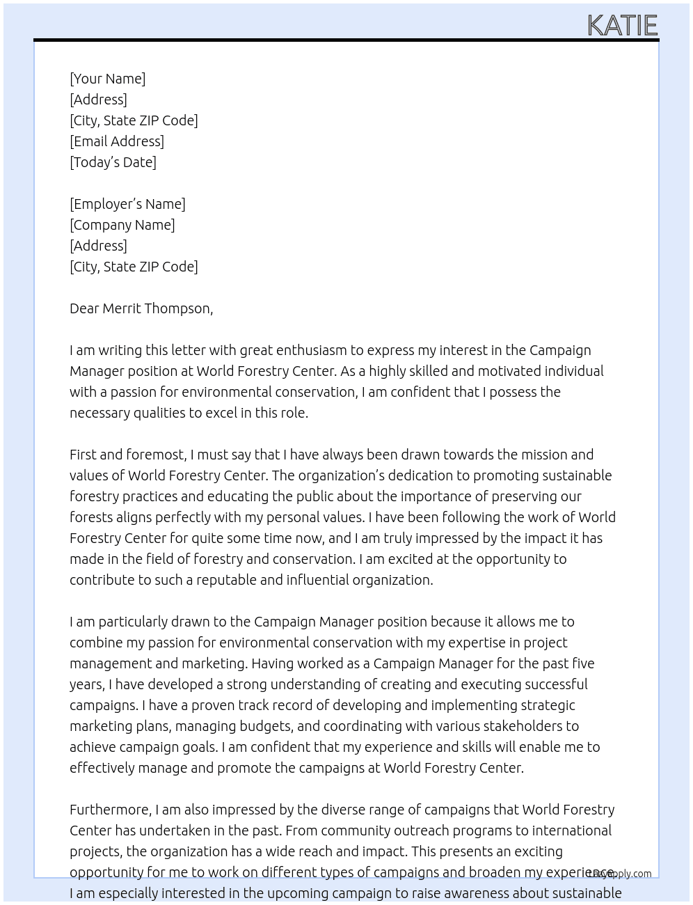 Campaign Manager At World Forestry Center Cover Letter