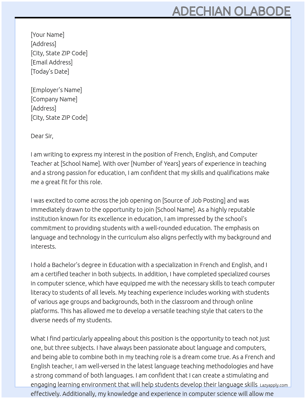 Cover letter for french, english and computer teacher - LazyApply