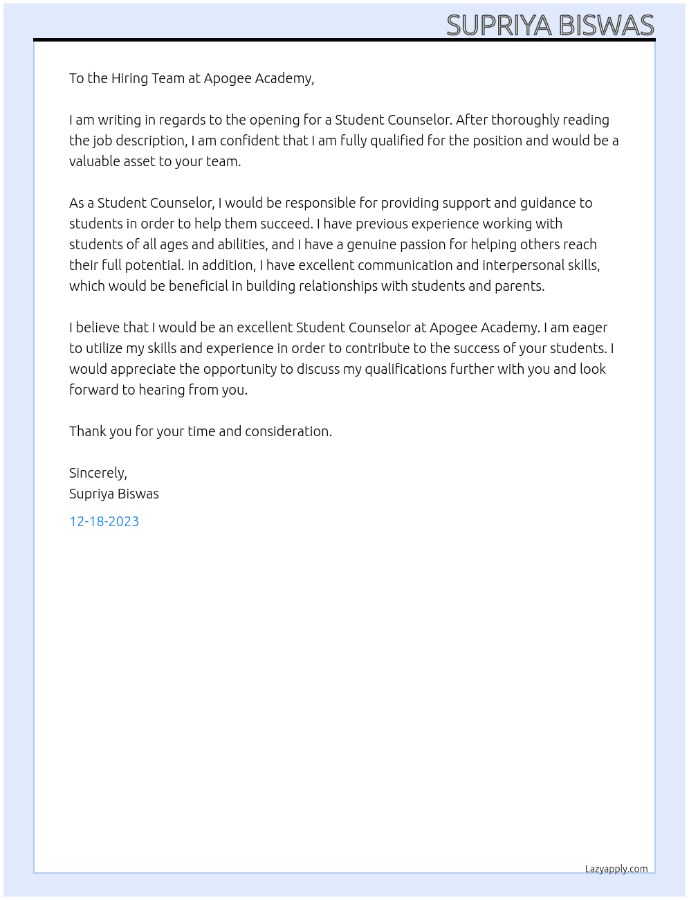 Student Counselor At Apogee Academy Cover Letter