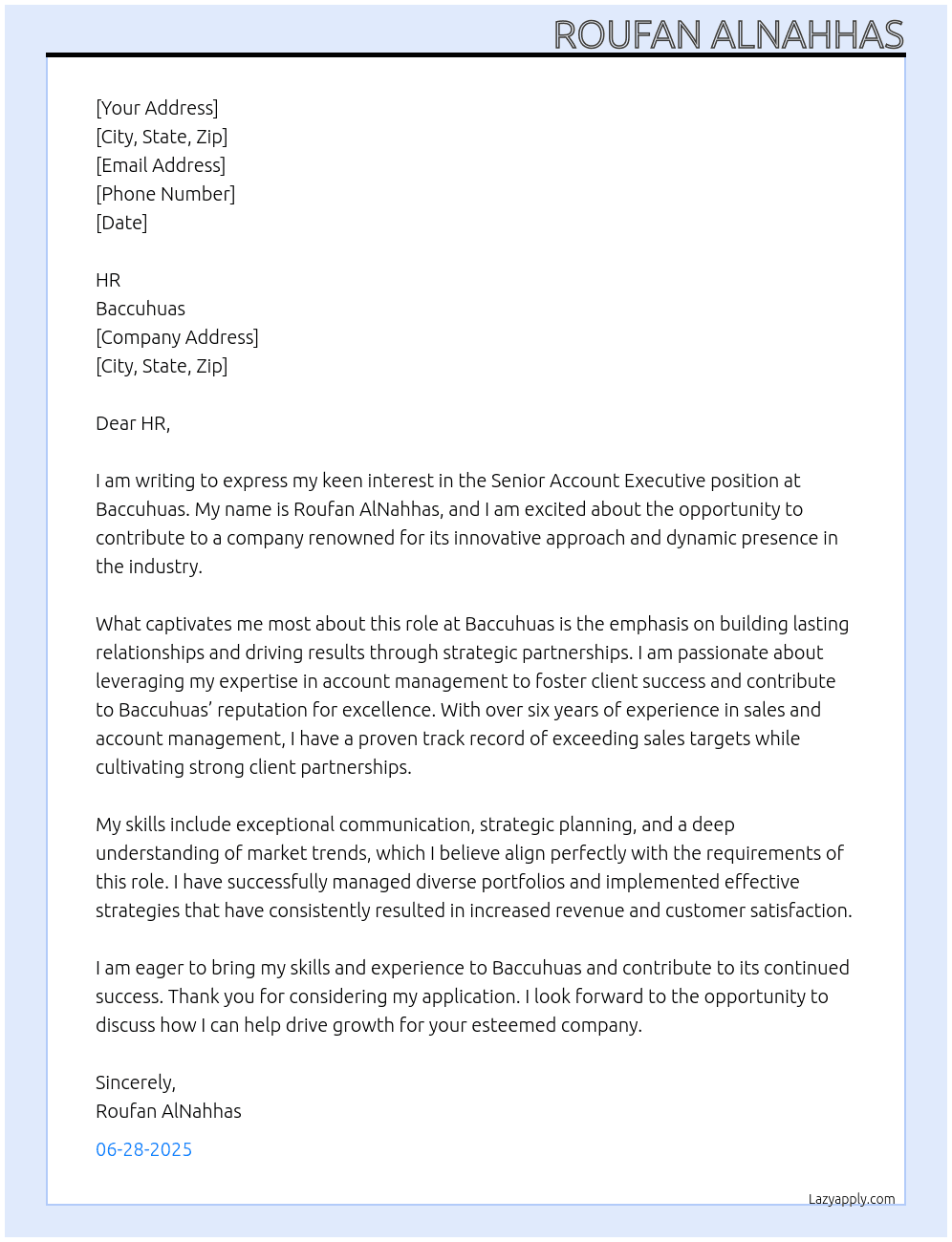 SENIOR ACCOUNT EXECUTIVE At baccuhuas Cover Letter