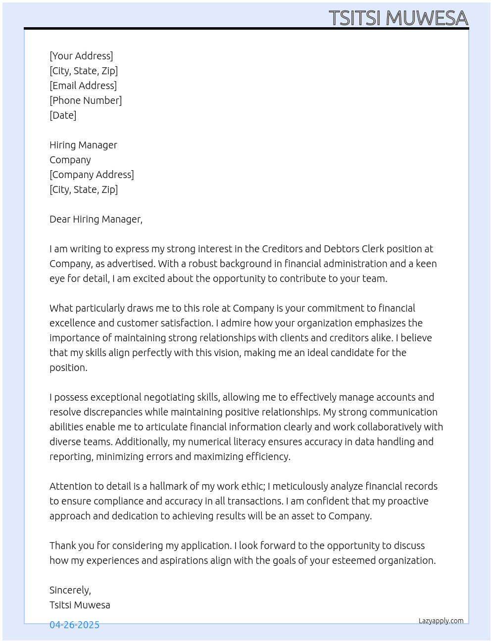 Cover letter for creditors and debtors clerk - LazyApply