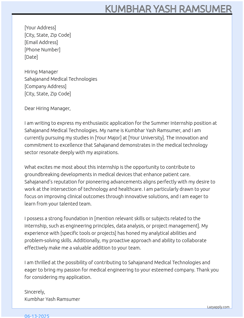 Summer Internship  At Sahajanand Medical Technologies  Cover Letter