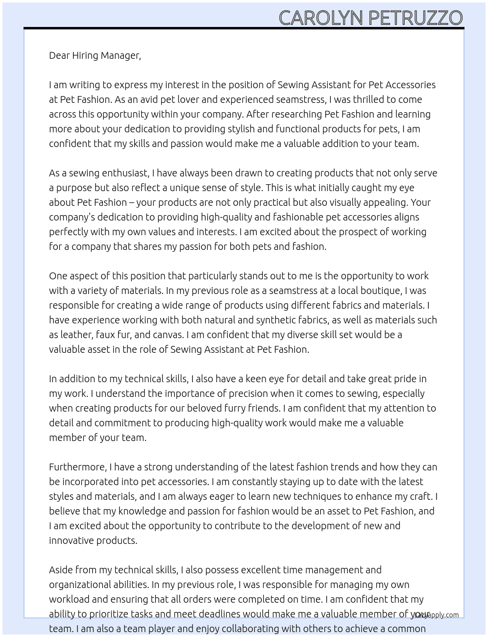 Sewing Assistant for Pet Accessories At Pet Fashion Cover Letter