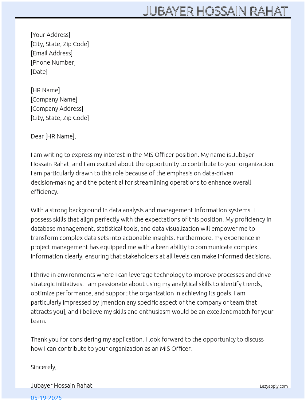 Cover letter for mis officer - LazyApply