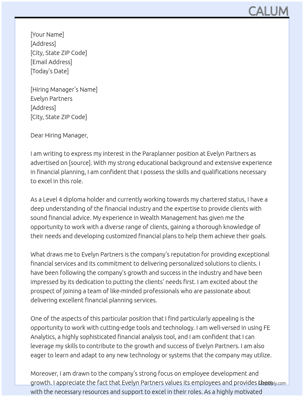 Paraplanner At Evelyn Partners Cover Letter
