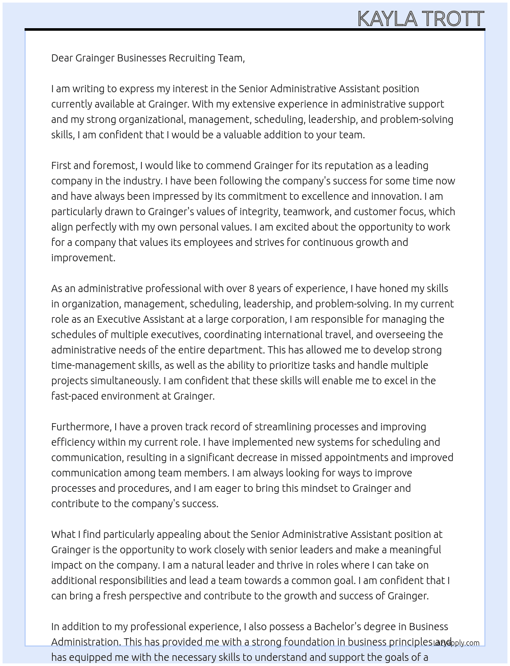 Senior Administrative Assistant At Grainger Cover Letter