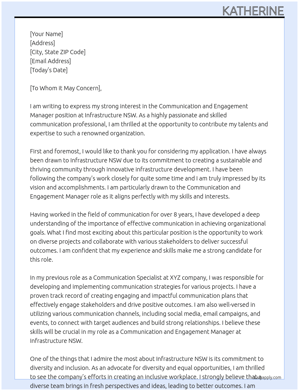 Communication and Engagement Manager At Infrastructure NSW Cover Letter