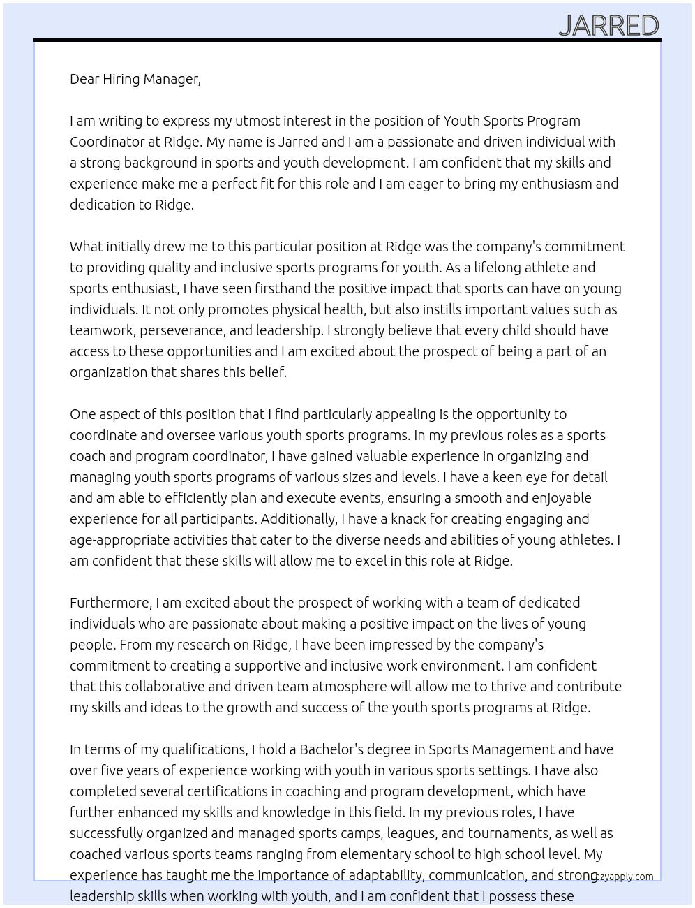 Youth Sports Program Coordinators At Ridge Cover Letter