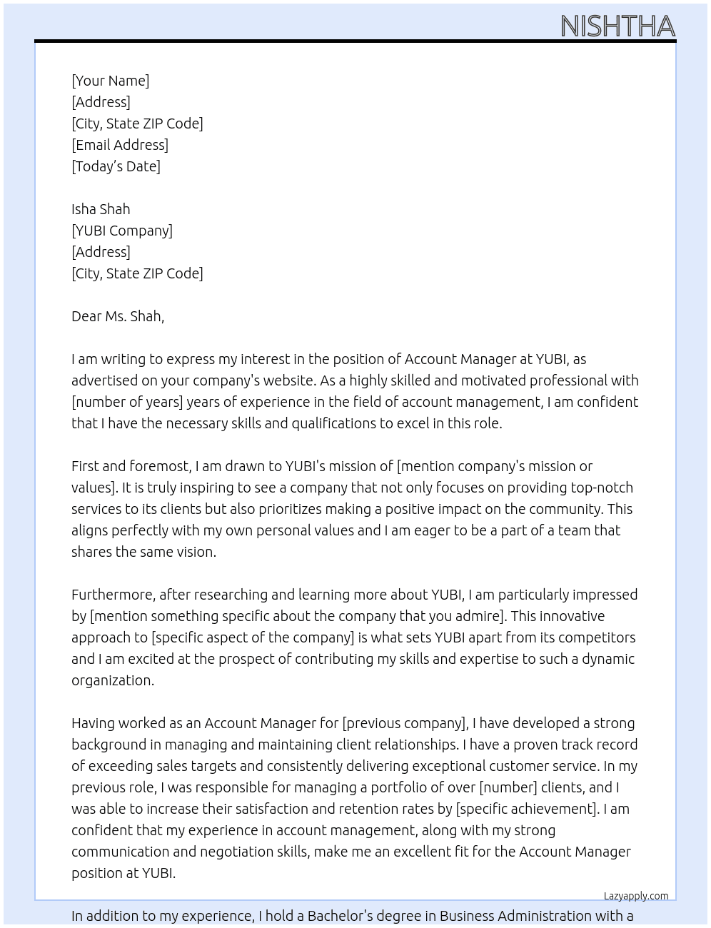 Account Manager At YUBI Cover Letter