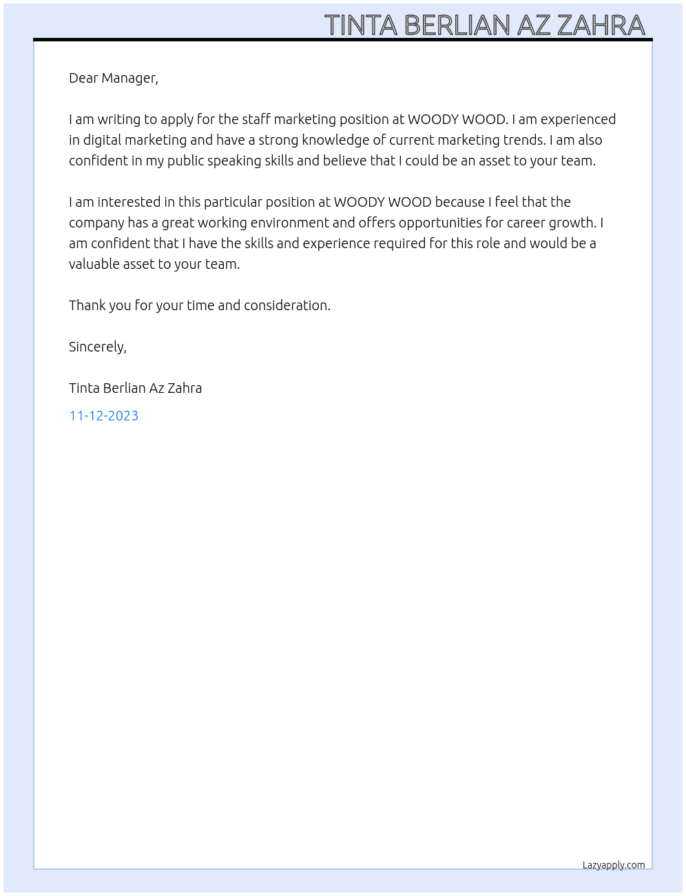 staff marketing  At WOODY WOOD Cover Letter