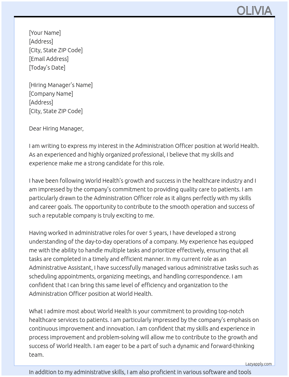 Administration officer At Wld health Cover Letter