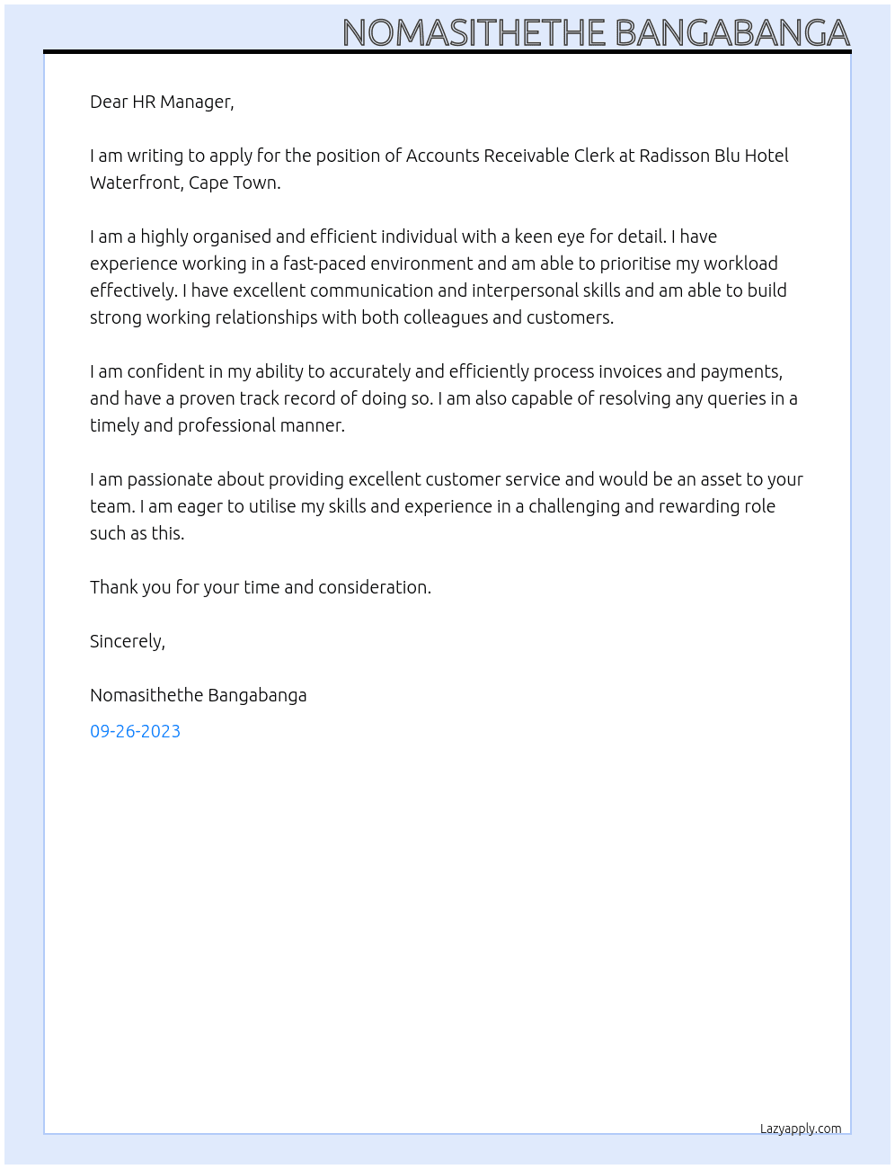 Accounts Receivable Clerk At Radisson Blu Hotel Waterfront, Cape Town - Finance Cover Letter