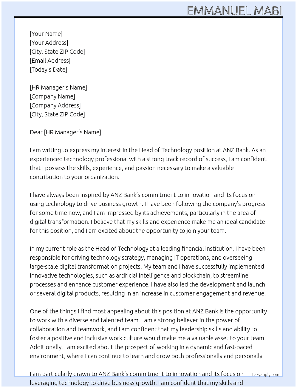 Head of Technology At ANZ Bank Cover Letter