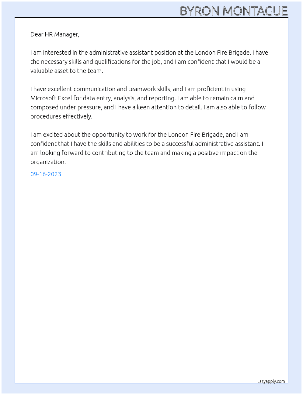 Administrative assistant At London Fire Brigade Cover Letter