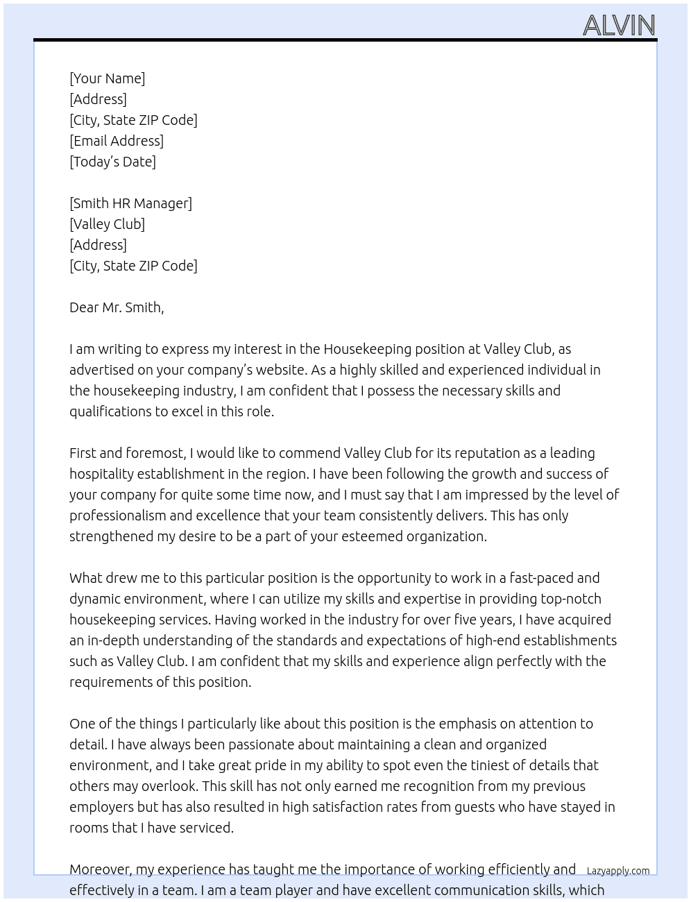 housekeeping At valley club Cover Letter