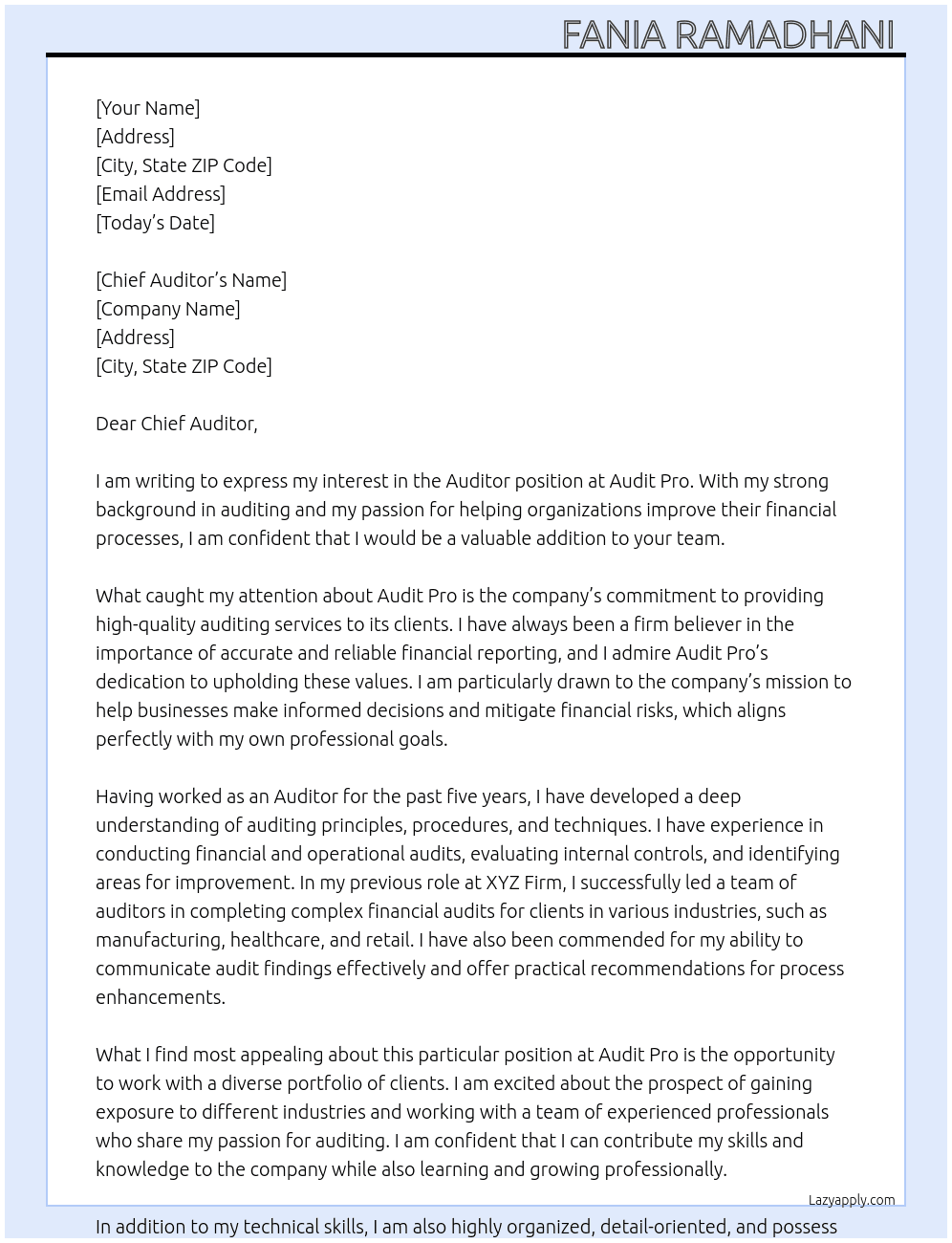 Auditor  At Audit Pro  Cover Letter