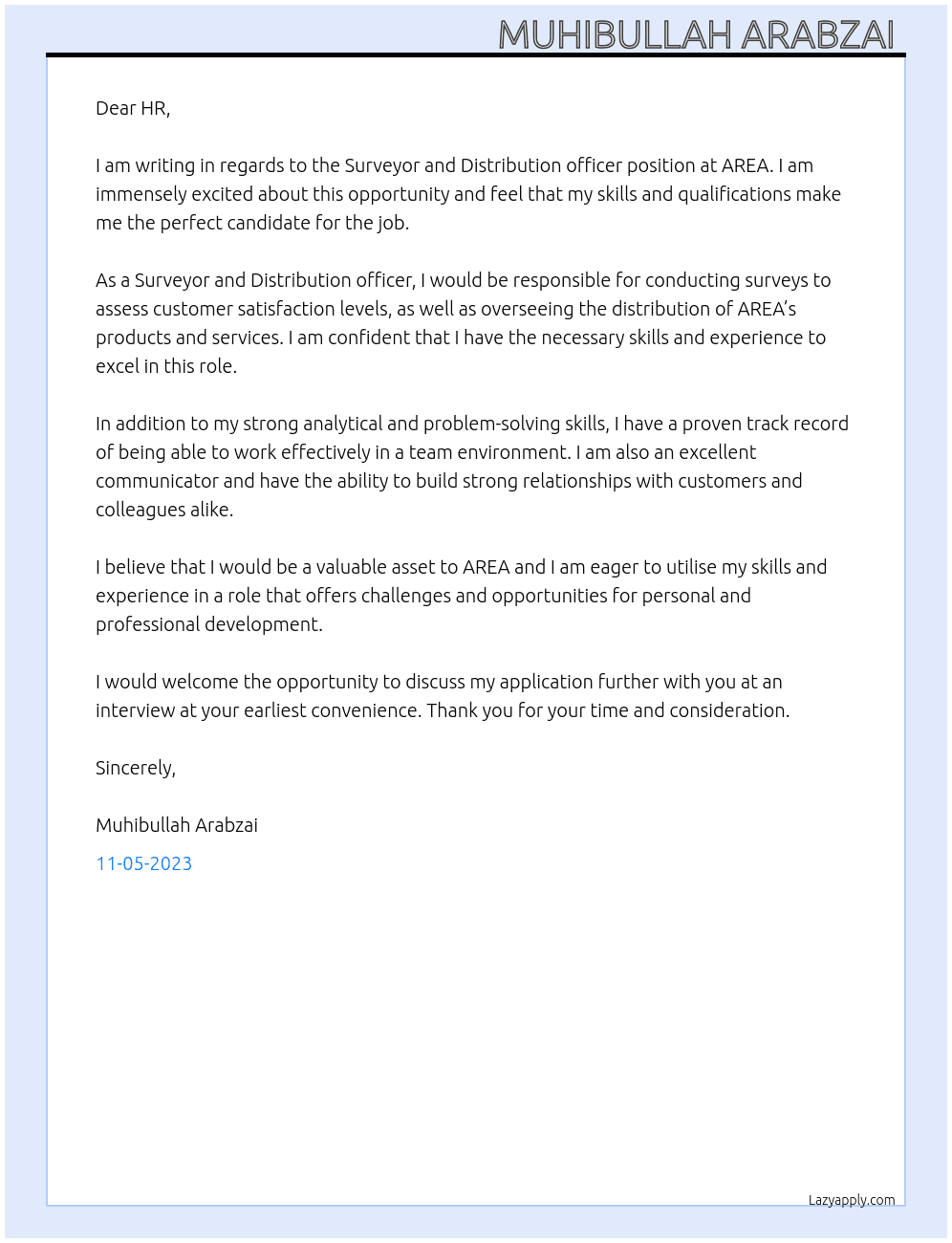 Surveyor and Distribution officer At AREA Cover Letter
