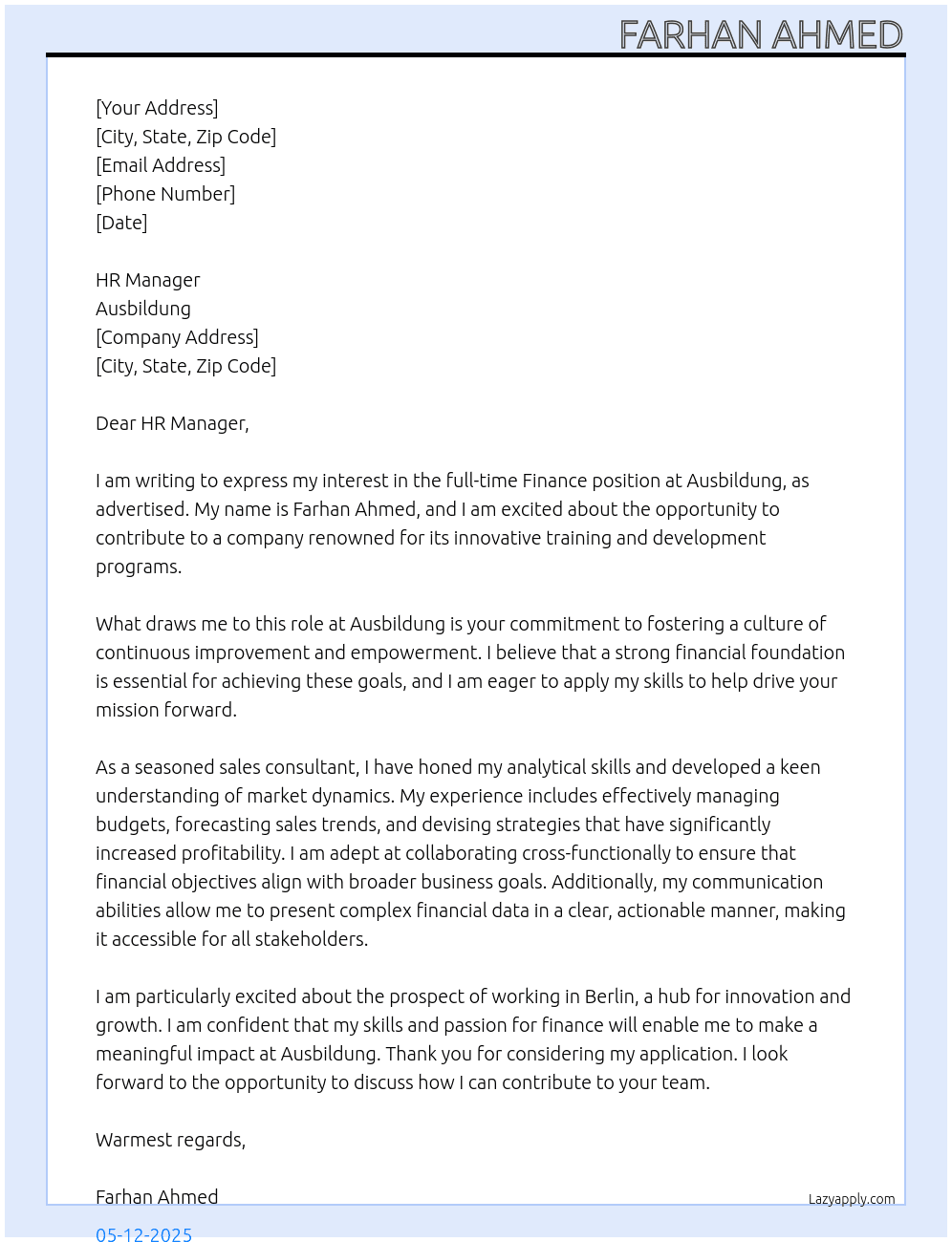 Finance  At Ausbildung Cover Letter