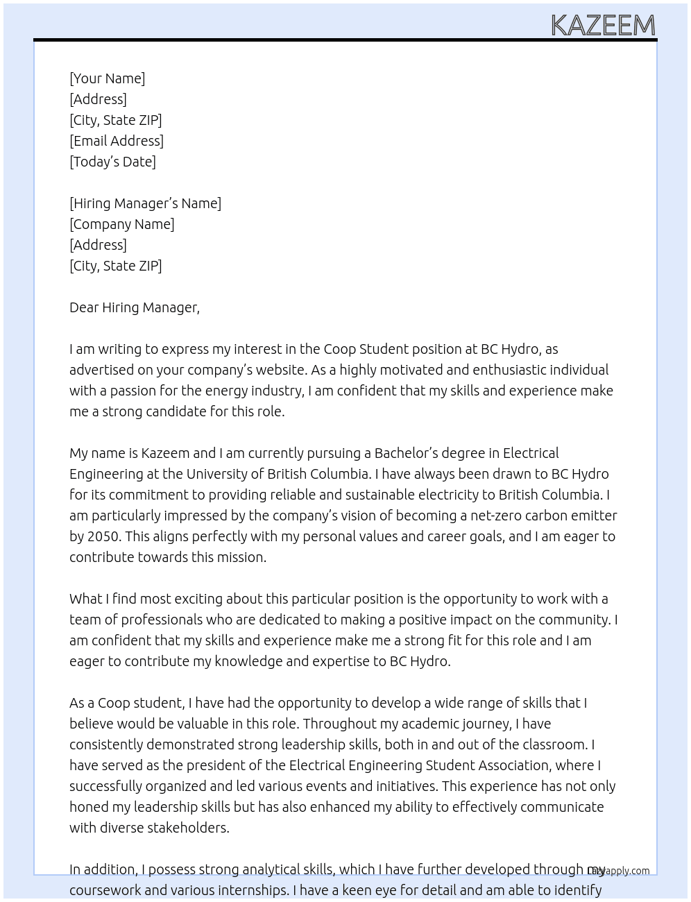 Coop Student At BC Hydro Cover Letter