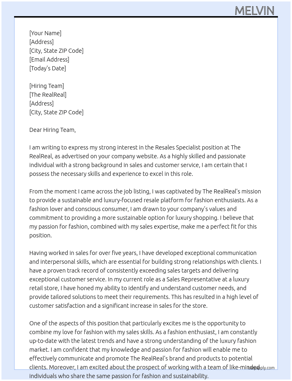 Resales specialist  At The RealReal Cover Letter