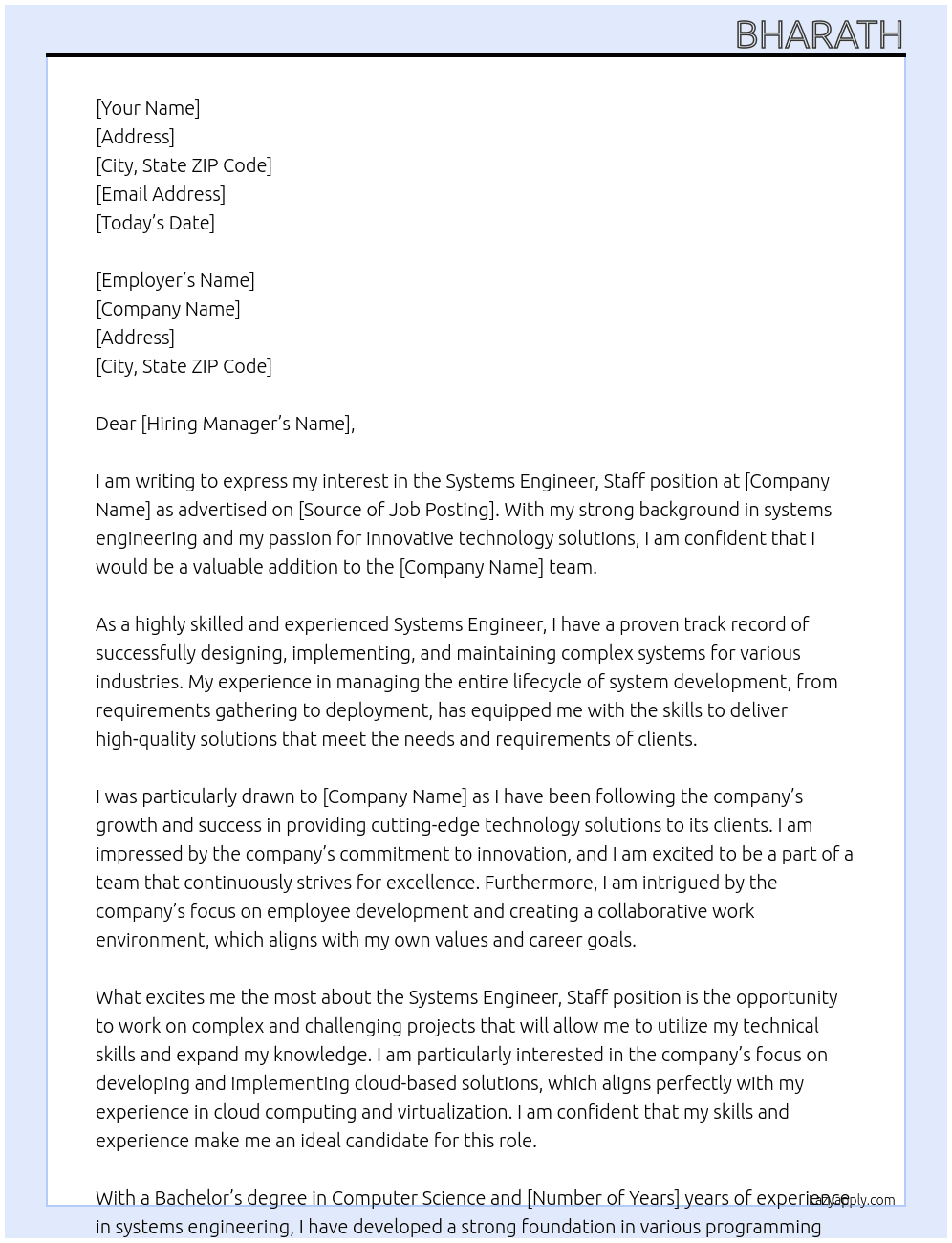 Systems Engineer, Staff At lam Cover Letter