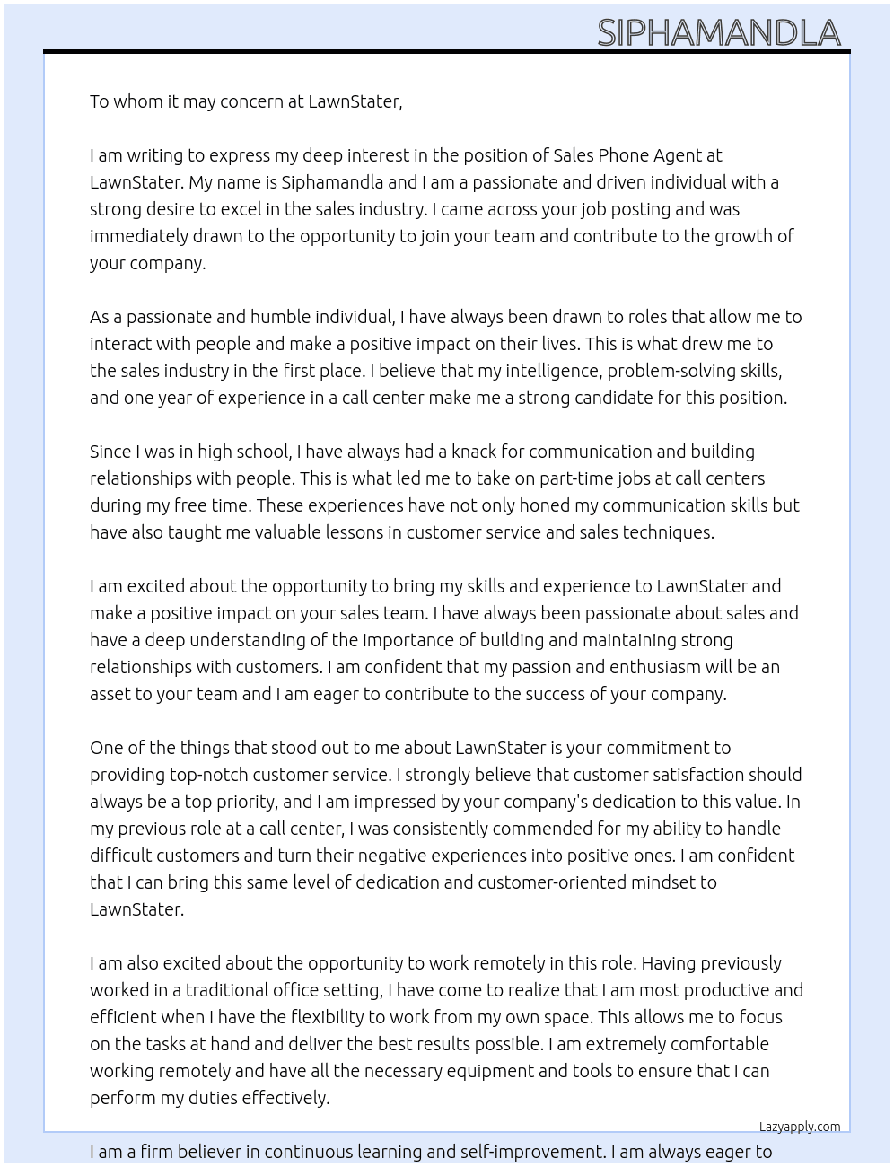 Sales phone agent  At LawnStater Cover Letter