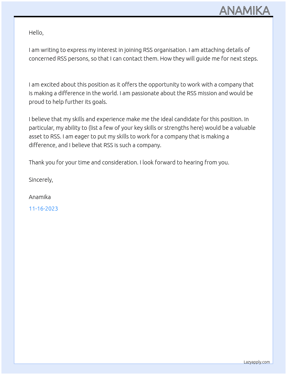 Join RSS organisation  At To join RSS Cover Letter