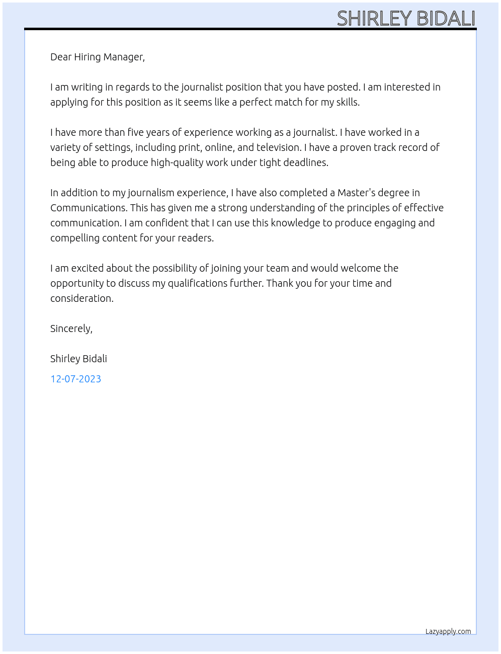 Journalist At n Cover Letter