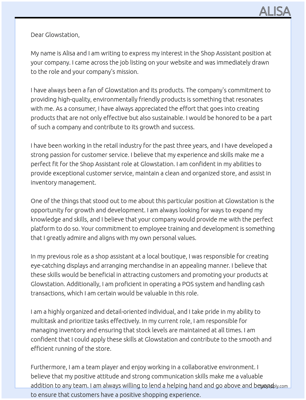 Shop assistant At glowstation Cover Letter