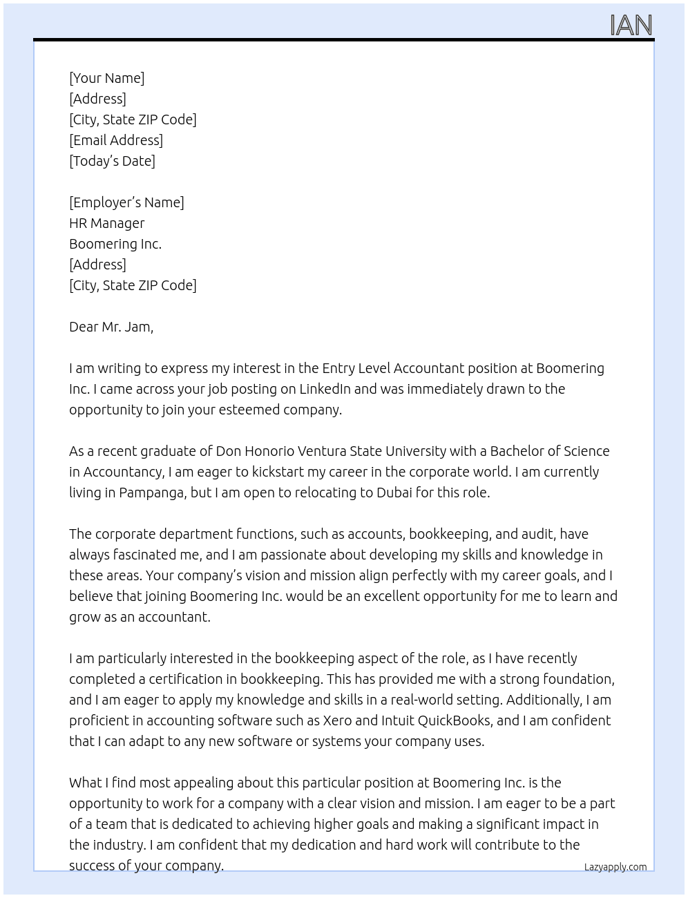 Entry level accountant At Boomering Inc. Cover Letter
