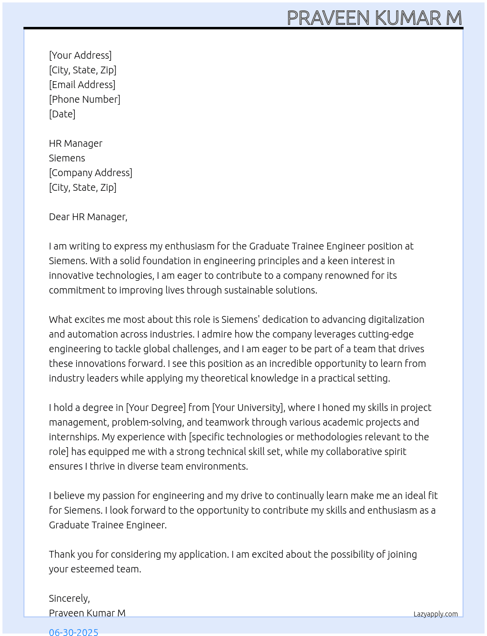 Graduate Trainee Engineer At SIEMENS Cover Letter