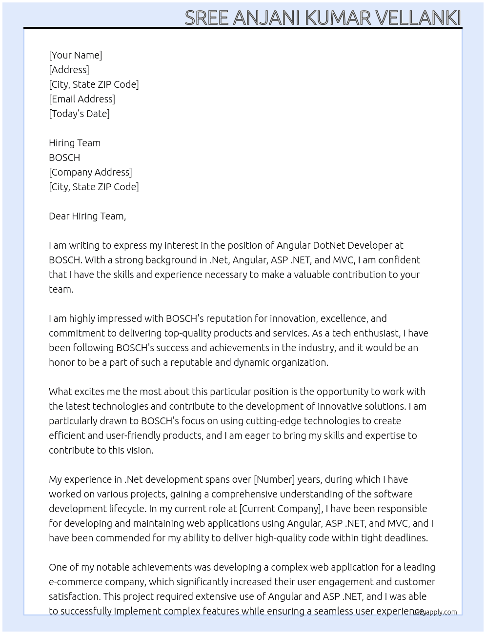 Cover letter for angular dotnet developer - LazyApply