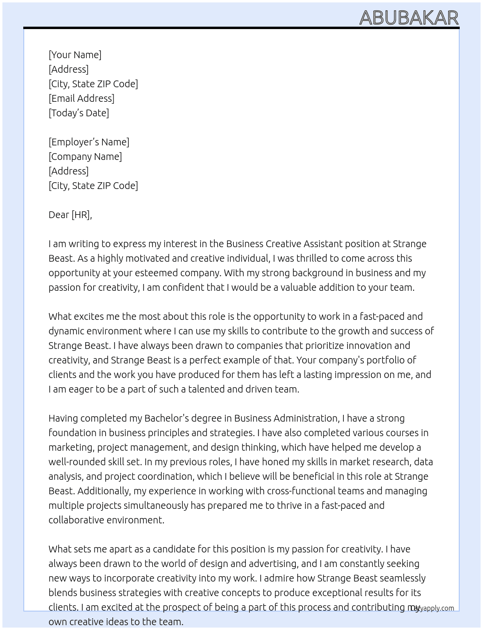 business creative assistant At Strange Beast Cover Letter