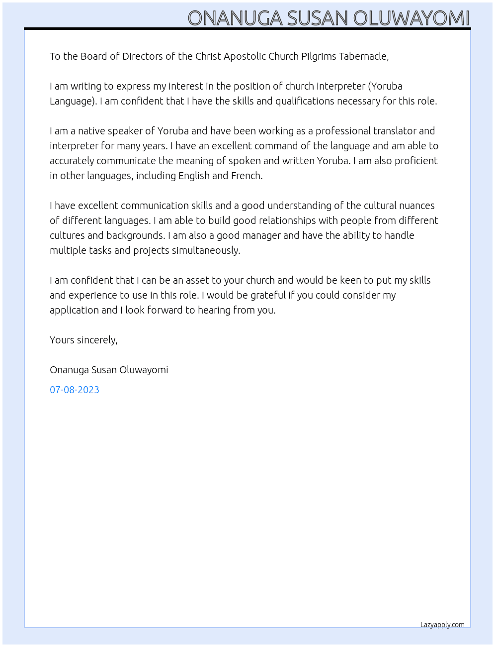 church interpreter (Yoruba Language) At Christ Apostolic Church Pilgrims Tabernacle Cover Letter