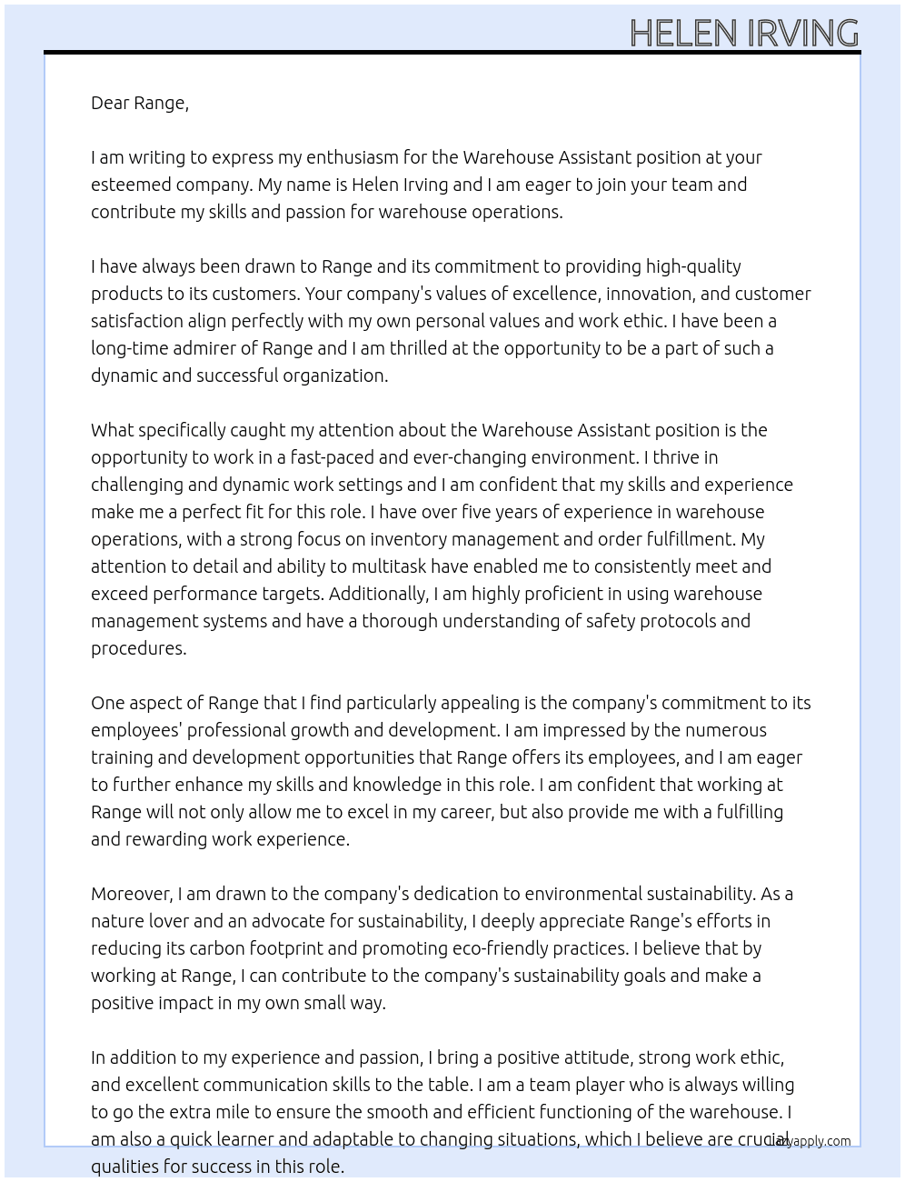 Warehouse Assistant At range Cover Letter