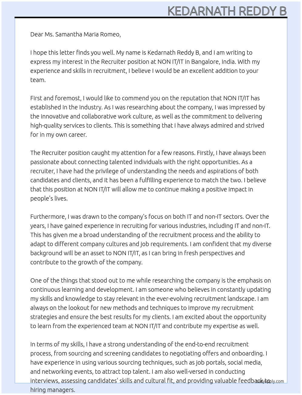 Recriter At NON IT/IT Cover Letter
