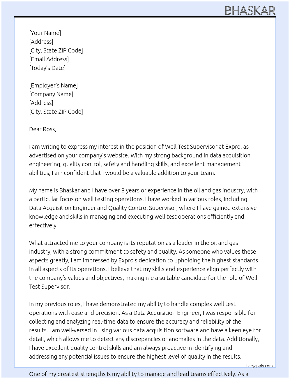well test supervisor  At expro Cover Letter