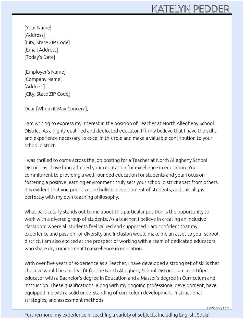 Teacher At North Allegheny School District  Cover Letter