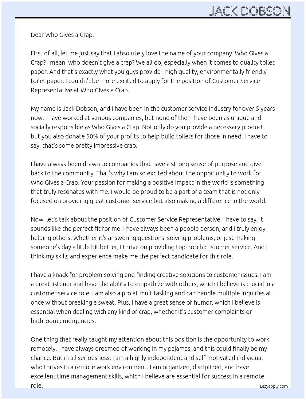 Customer Service Representative At Who Gives a Crap Cover Letter