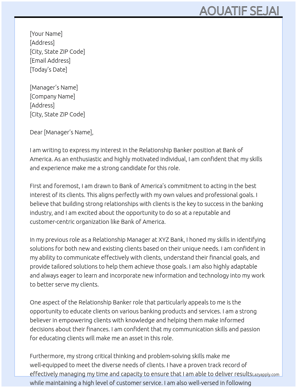 Relationship banker  At Bank of America  Cover Letter
